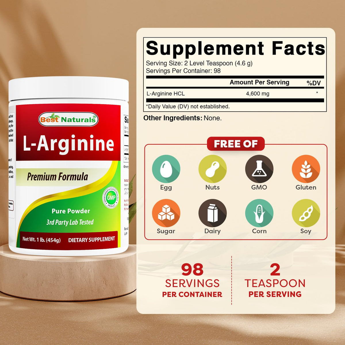 Poudre d'arginine Best Naturals 522g vue arrière