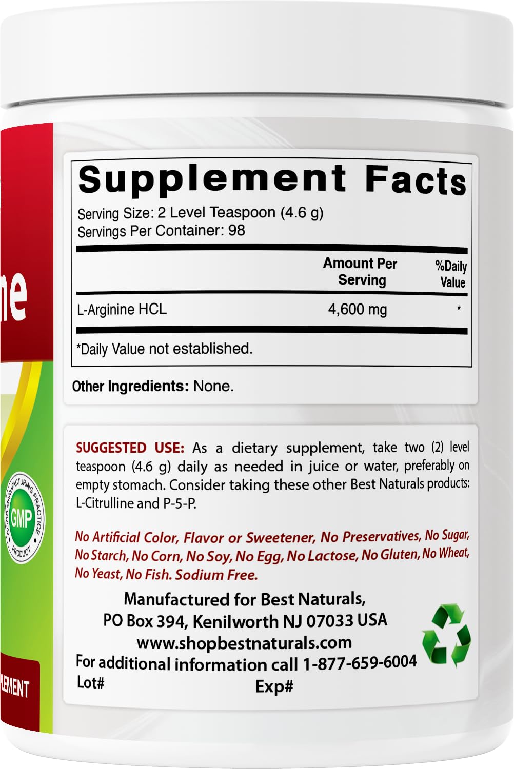 Poudre d'arginine Best Naturals avec une cuillère dosette