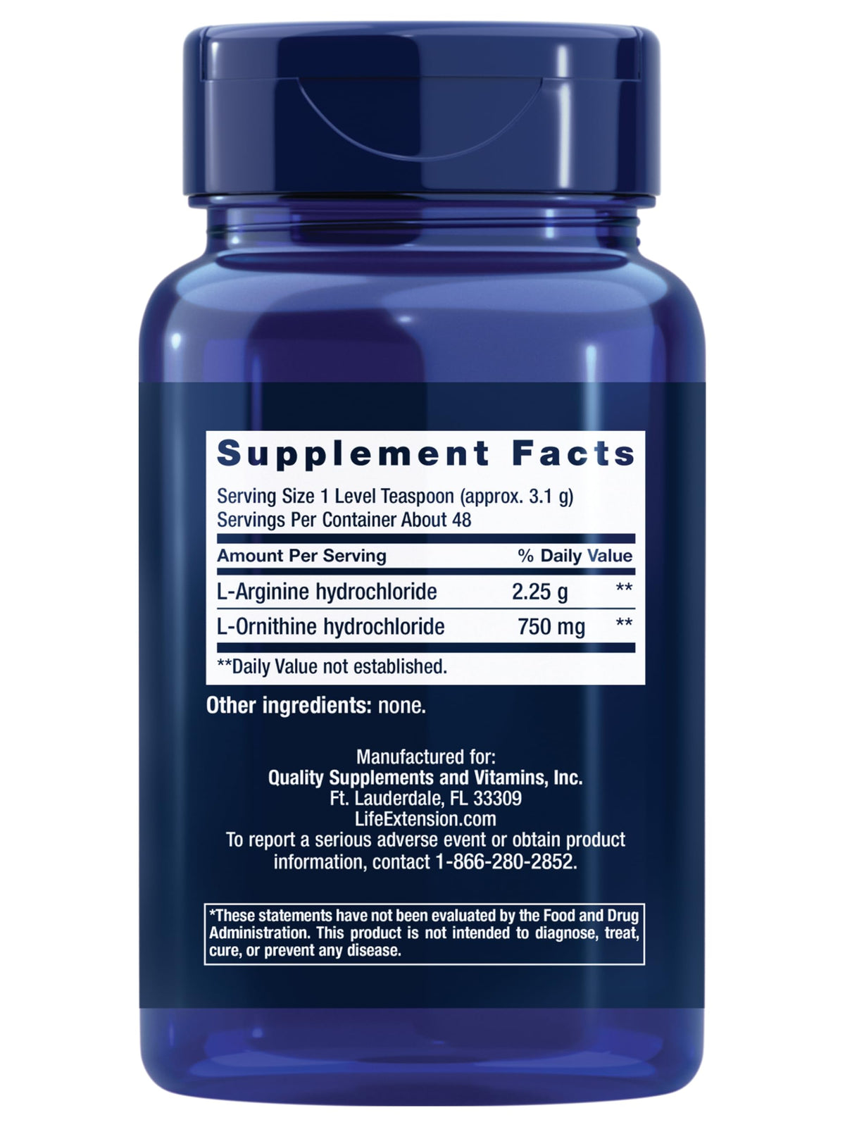 Poudre d'Arginine Ornithine Life Extension 150g avec cuillère doseuse
