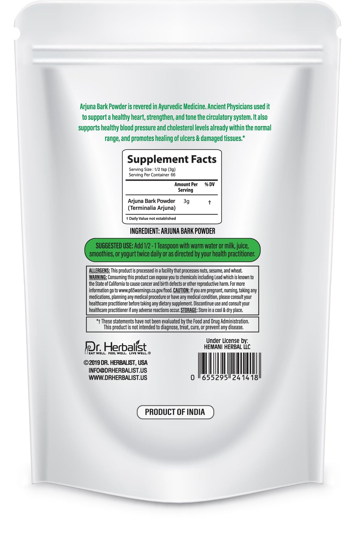 Poudre d'Arjuna Dr. HERBALIST 200g et cuillère de mesure