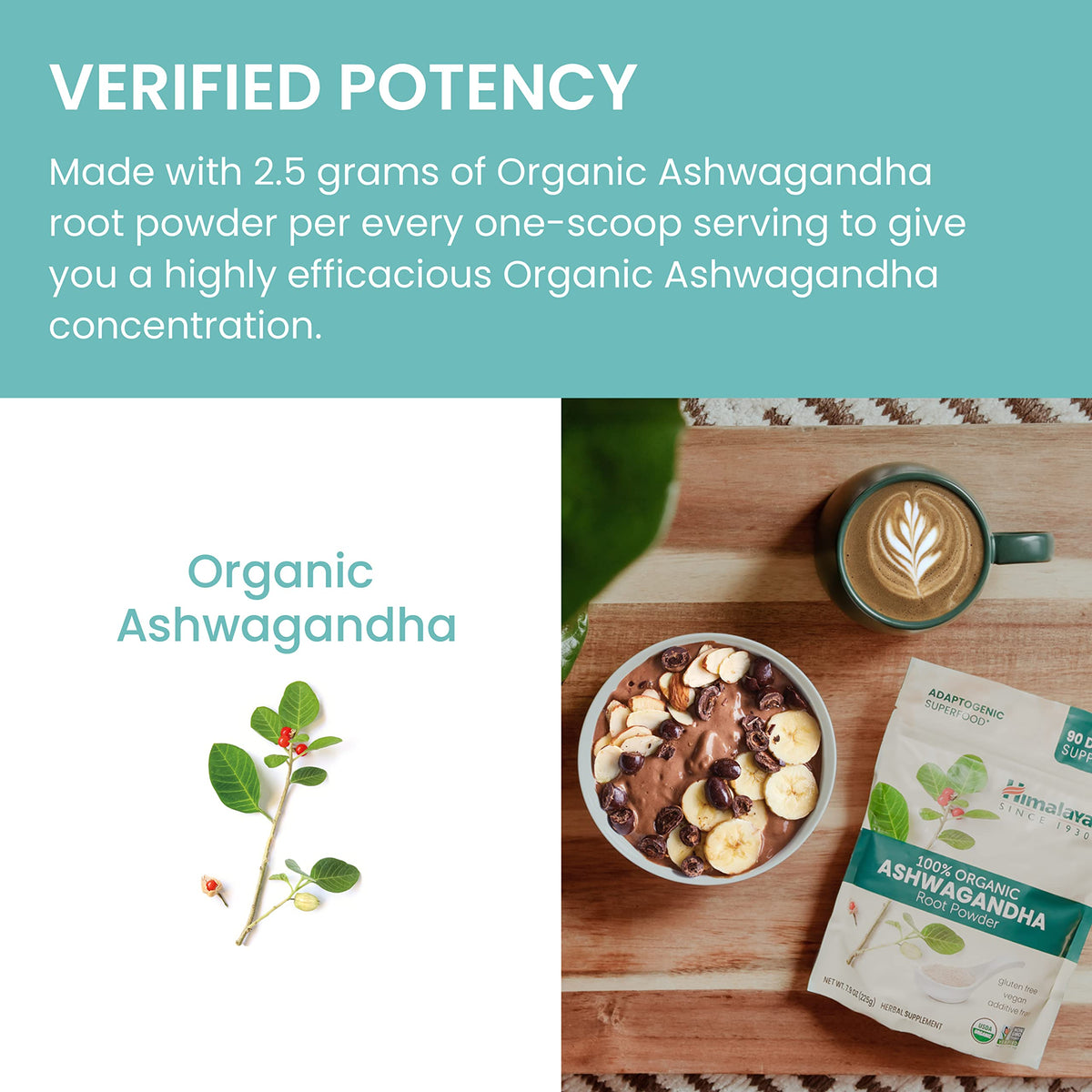 Poudre d'Ashwagandha Himalaya versée dans un verre
