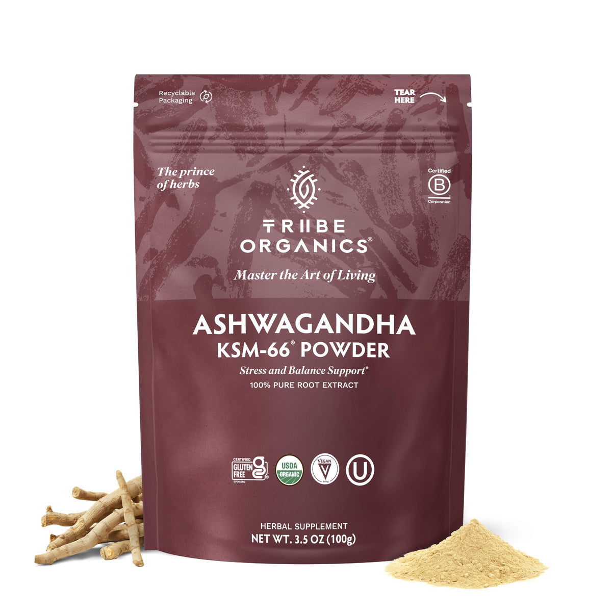 Poudre d'ashwagandha KSM-66 Bio TRIBE ORGANICS 100g vue avant