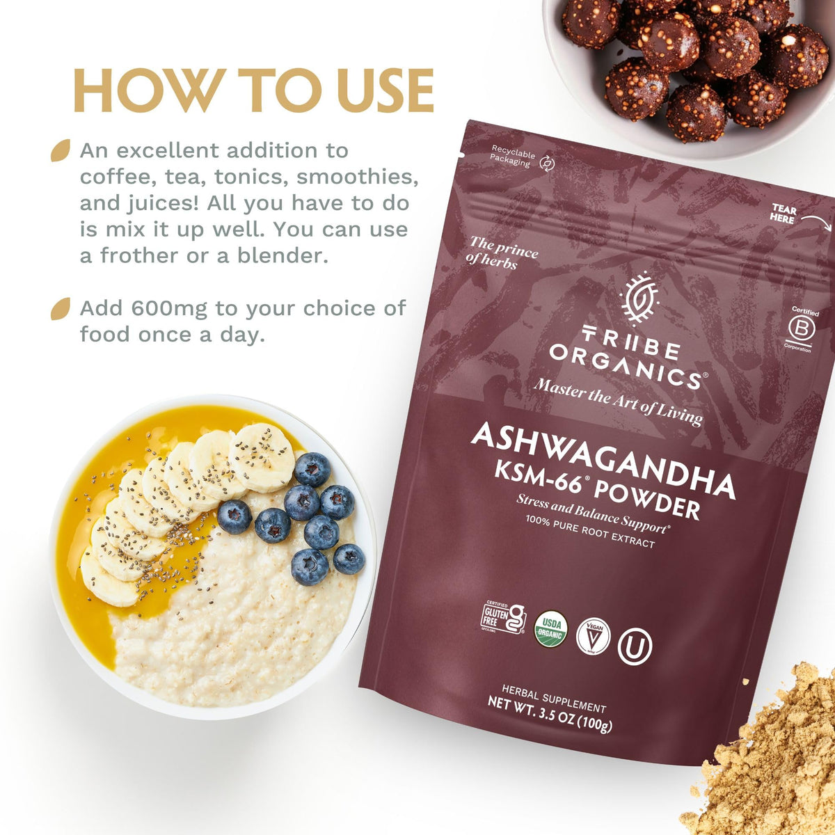 Poudre d'ashwagandha KSM-66 Bio TRIBE ORGANICS sur une cuillère