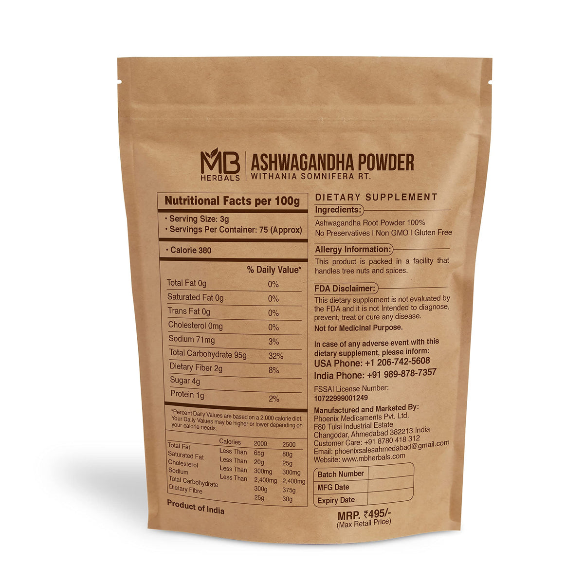 Poudre d'Ashwagandha MB Herbals 227g en cuillère avec lait