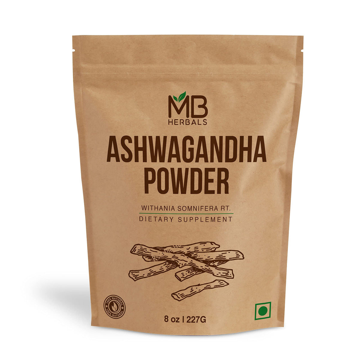 Poudre d'Ashwagandha MB Herbals 227g vue de face avec emballage