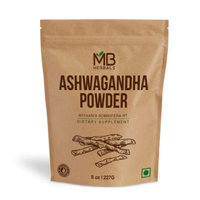 Poudre d'Ashwagandha MB Herbals 227g vue de face avec emballage