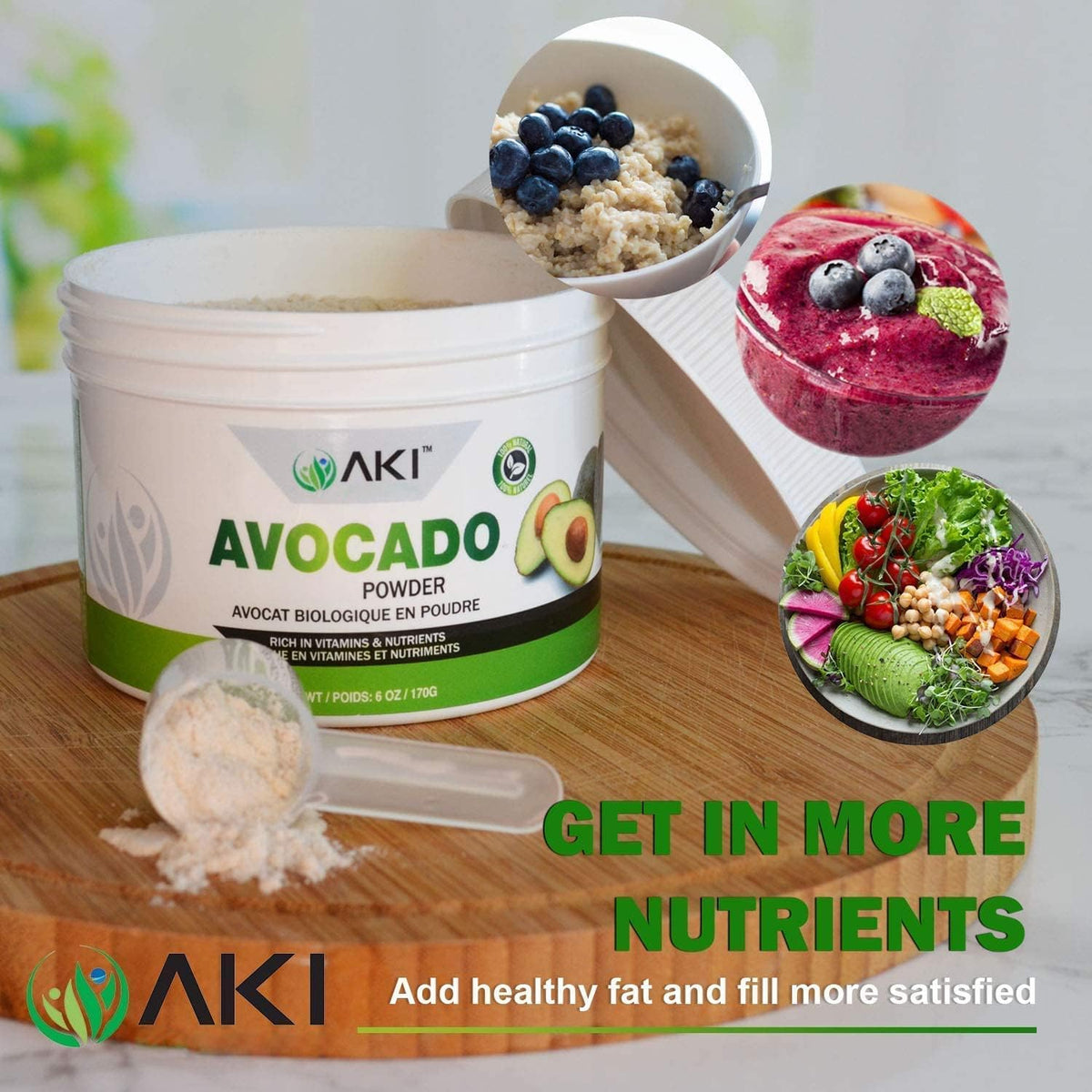 Poudre d'avocat AKI ORGANIC dans un bol avec cuillère