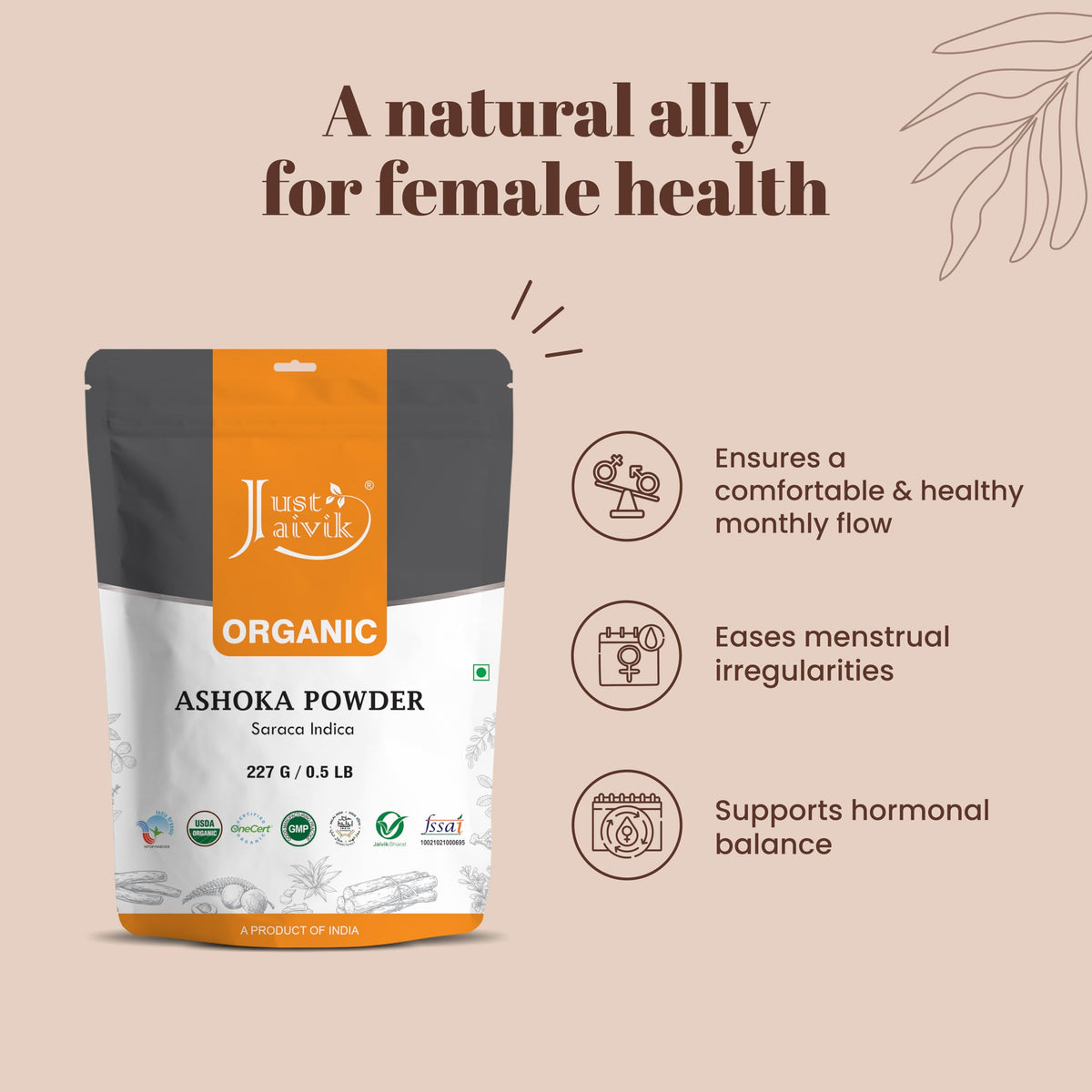 Poudre d'écorce d'Ashoka Bio Just Jaivik versée dans une cuillère