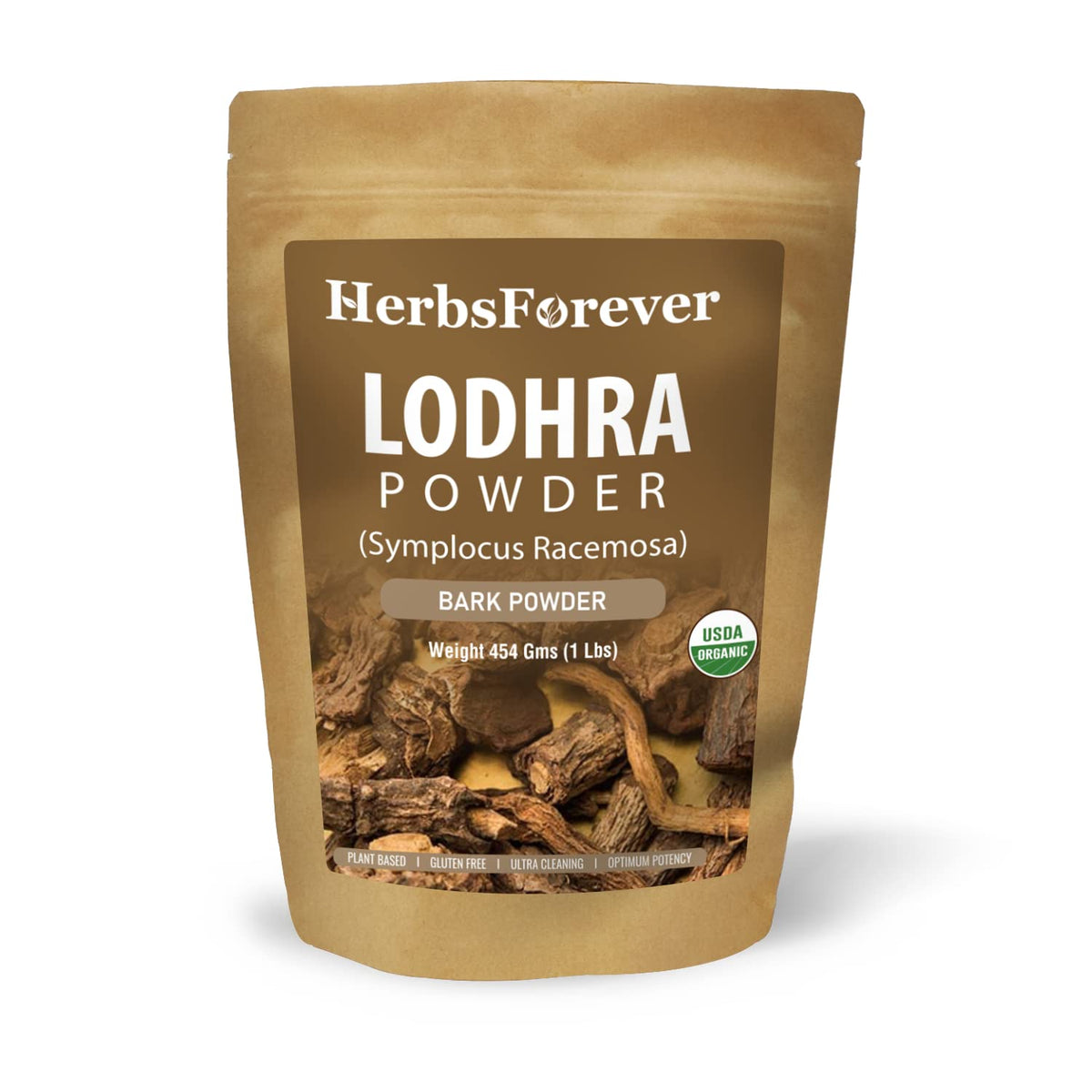 Poudre d'écorce de Lodhra Herbsforever 454g, sachet refermable