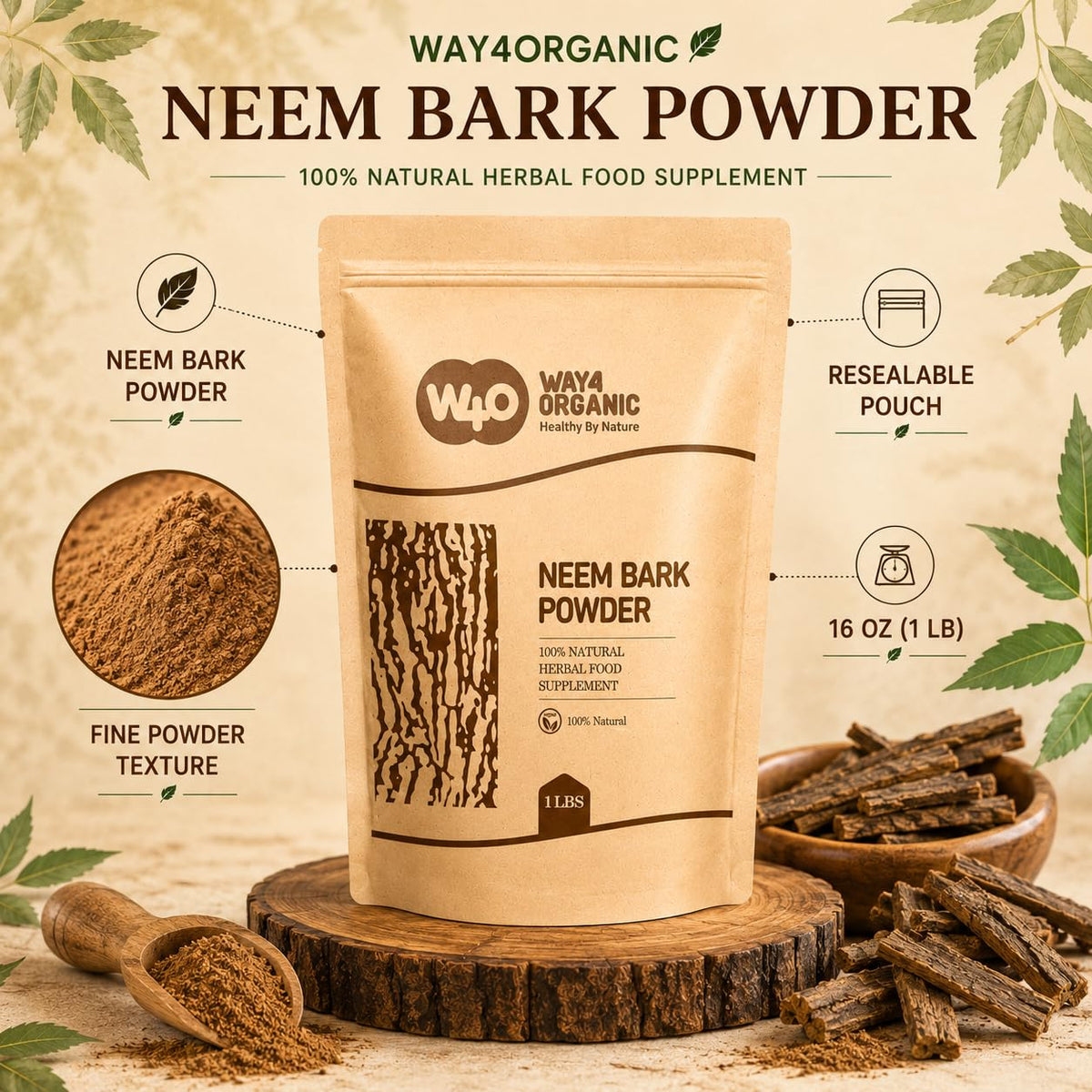 Poudre d'écorce de neem dans un bol de préparation