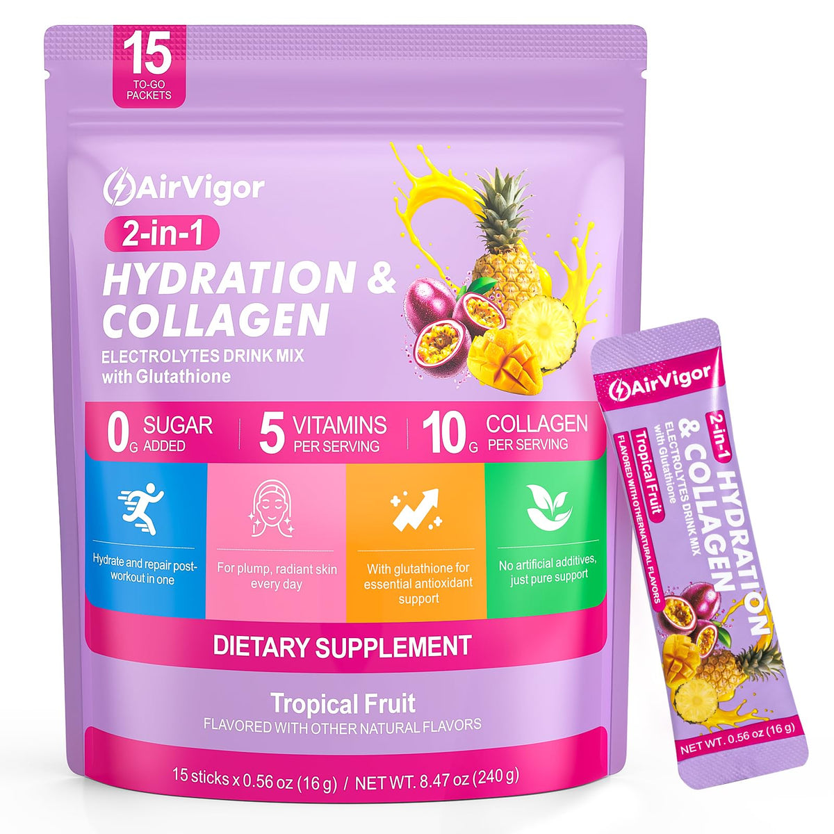 Poudre d'électrolytes au collagène AirVigor fruits tropicaux, sachets individuels