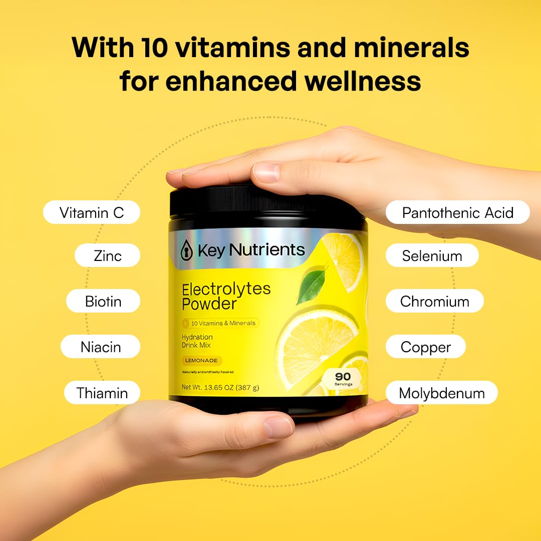 Poudre d'électrolytes au potassium KEY NUTRIENTS sur une table en bois