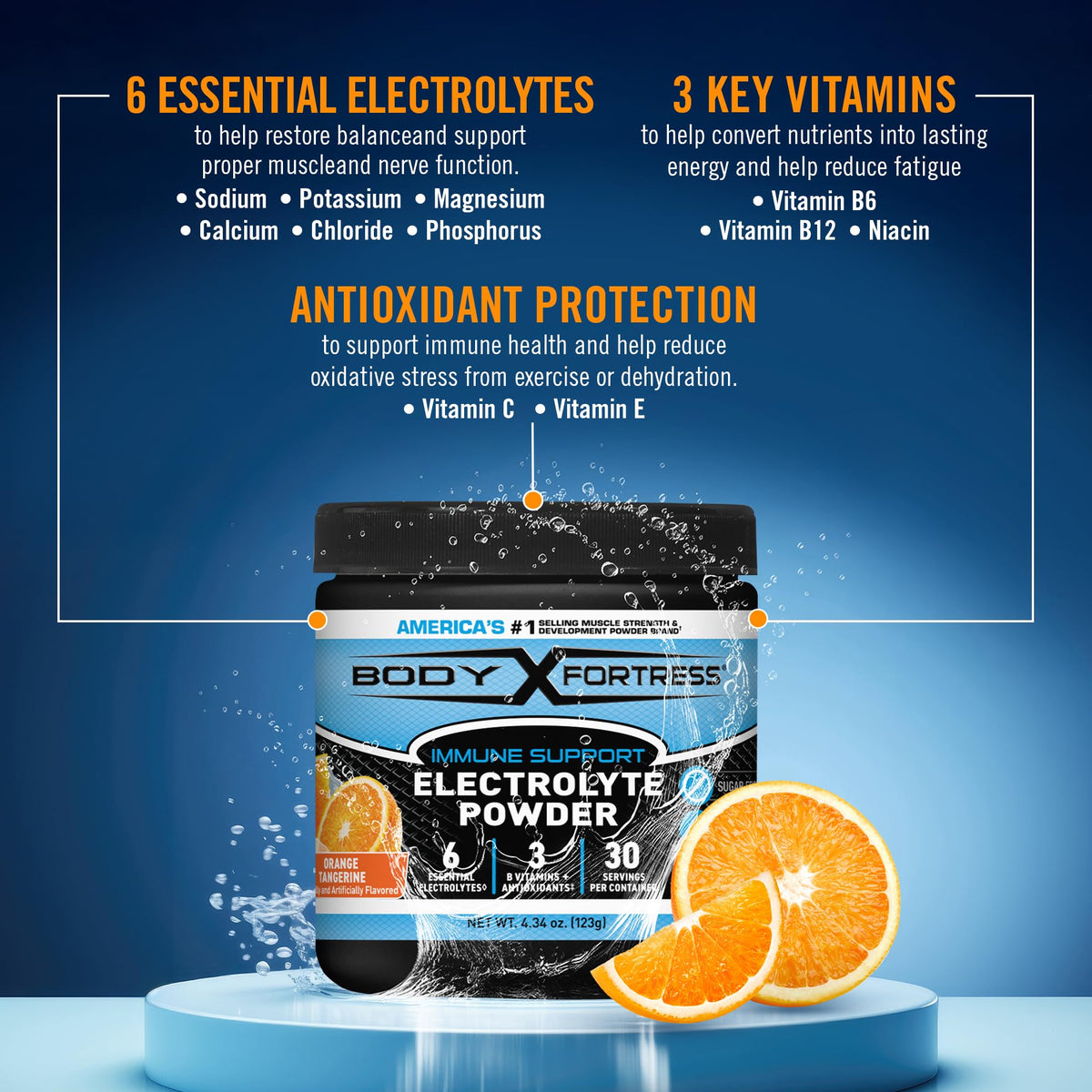 Poudre d'Électrolytes Body Fortress Orange Mandarine en poudre dans un verre d'eau