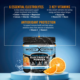 Poudre d'Électrolytes Body Fortress Orange Mandarine en poudre dans un verre d'eau