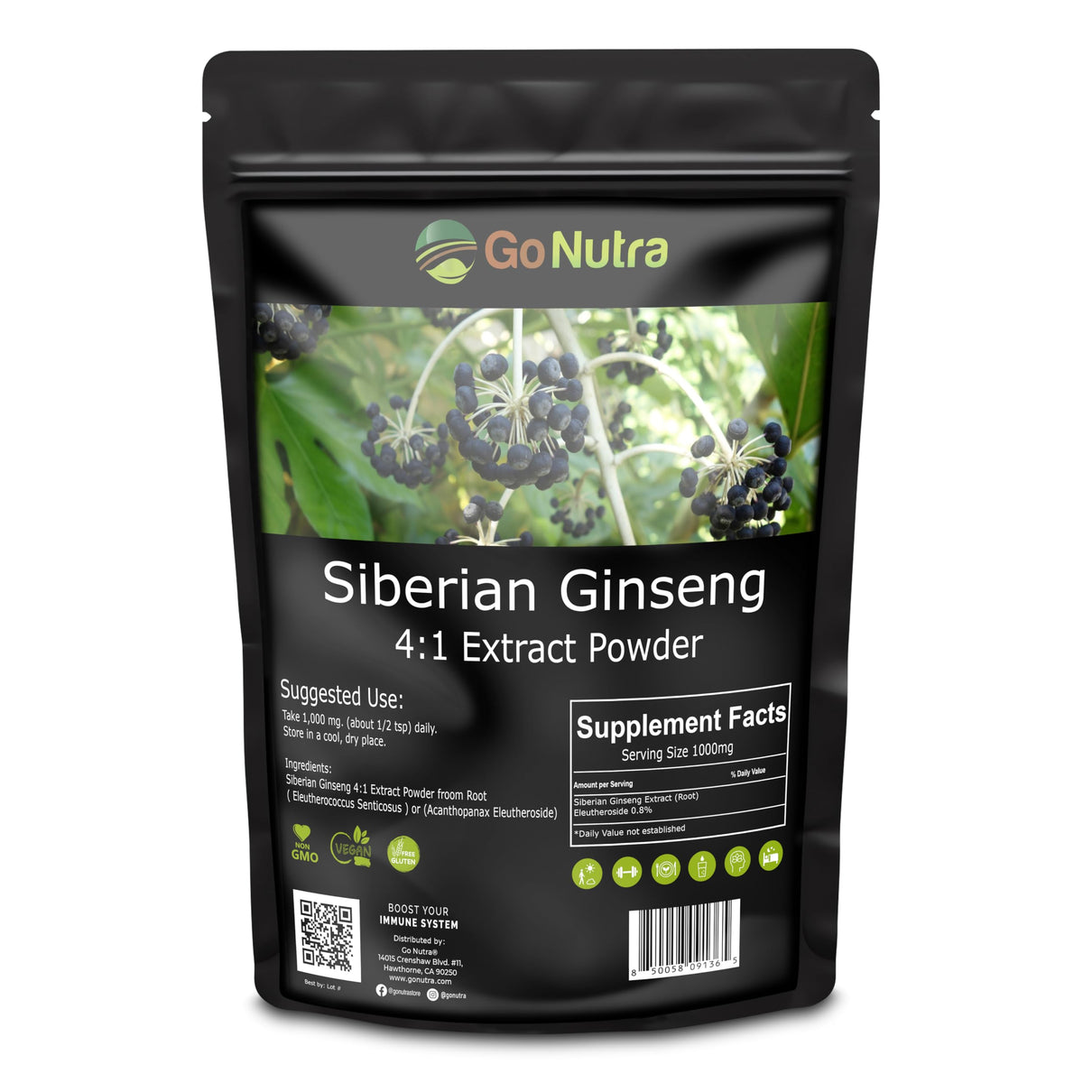 Poudre d'éleuthéro ginseng sibérien Go Nutra 4:1, emballage avant