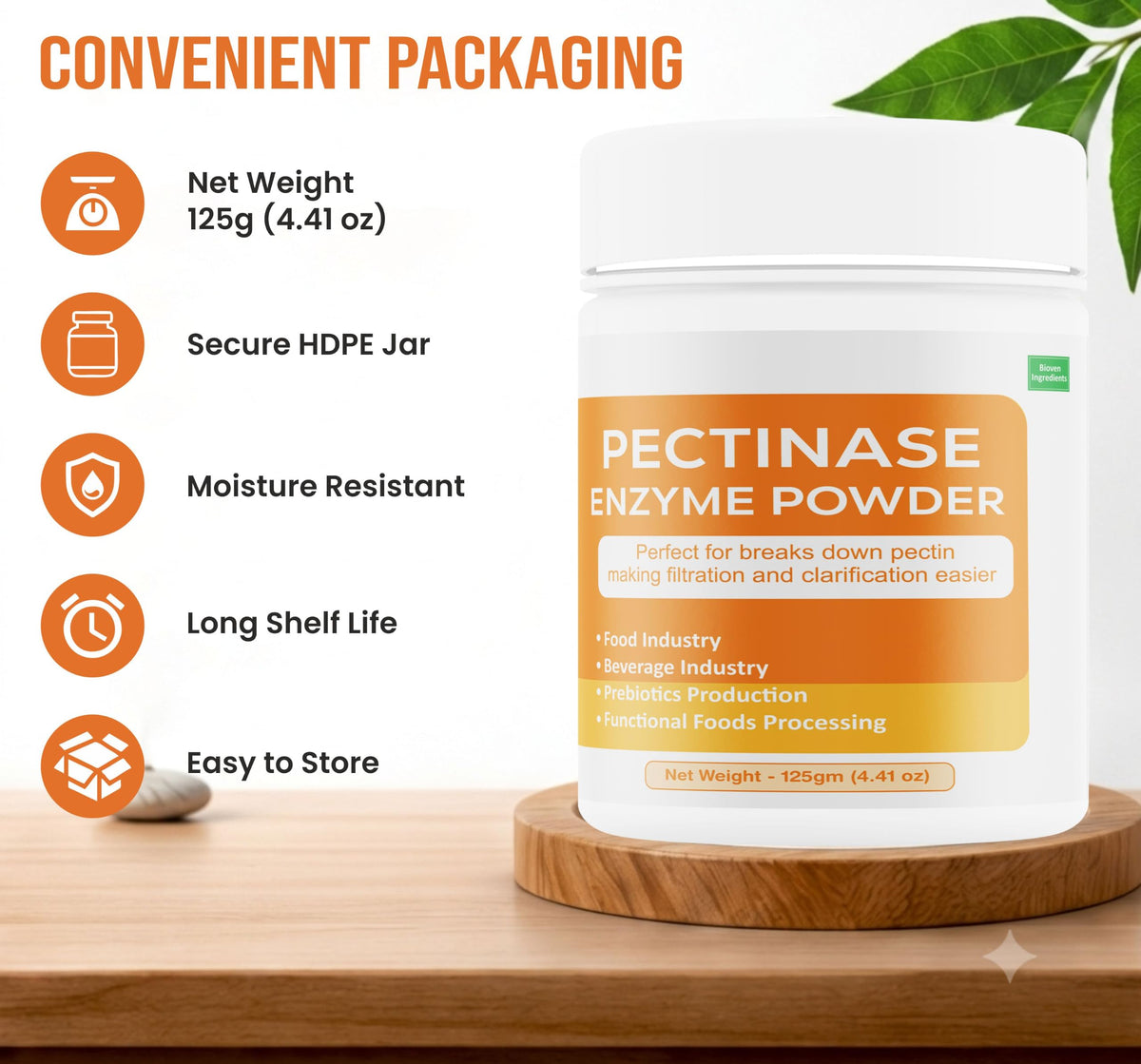 Poudre d'enzyme pectinase 125g dans un verre avec jus