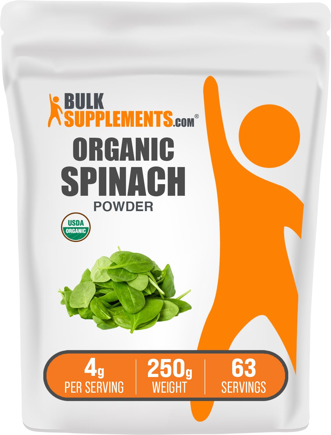 Poudre d'épinard bio BulkSupplements 250g vue de face