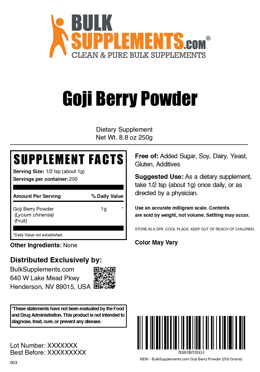 Poudre d'extrait de baie de goji BulkSupplements avec ingrédients naturels en arrière-plan