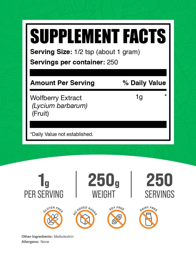 Poudre d'extrait de baie de goji BulkSupplements vue de côté avec cuillère