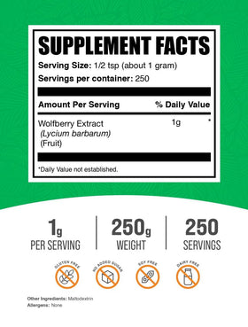 Poudre d'extrait de baie de goji BulkSupplements vue de côté avec cuillère