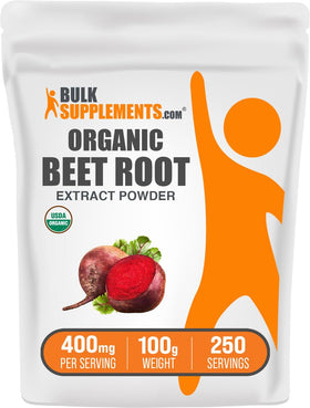 Poudre d'extrait de betterave bio BulkSupplements vue de face dans un sachet