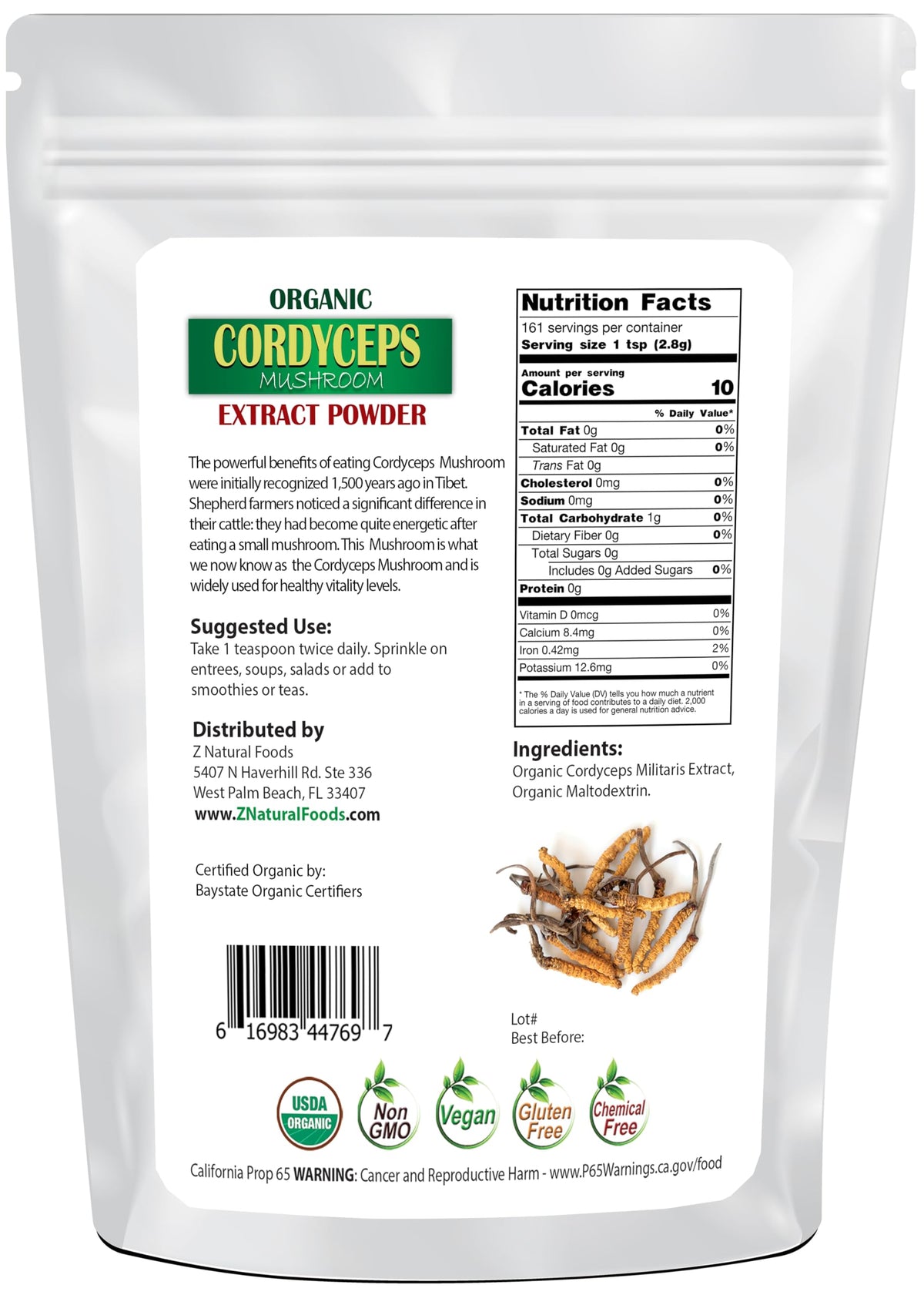 Poudre d'extrait de champignon Cordyceps bio Z Natural Foods dans un bol