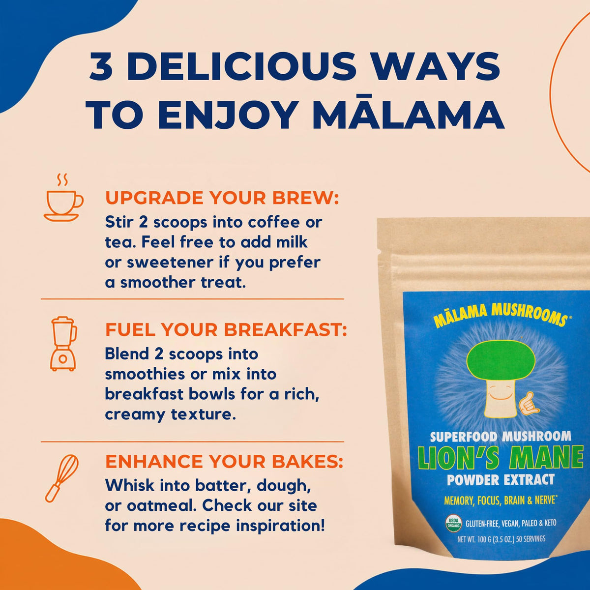 Poudre d'extrait de champignon Lion's Mane Malama Mushrooms dans une tasse de café