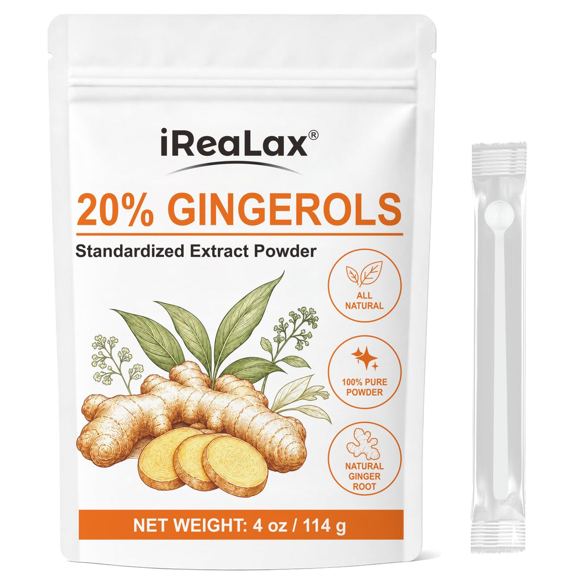 Poudre d'extrait de gingembre 20% iReaLax, vue de face