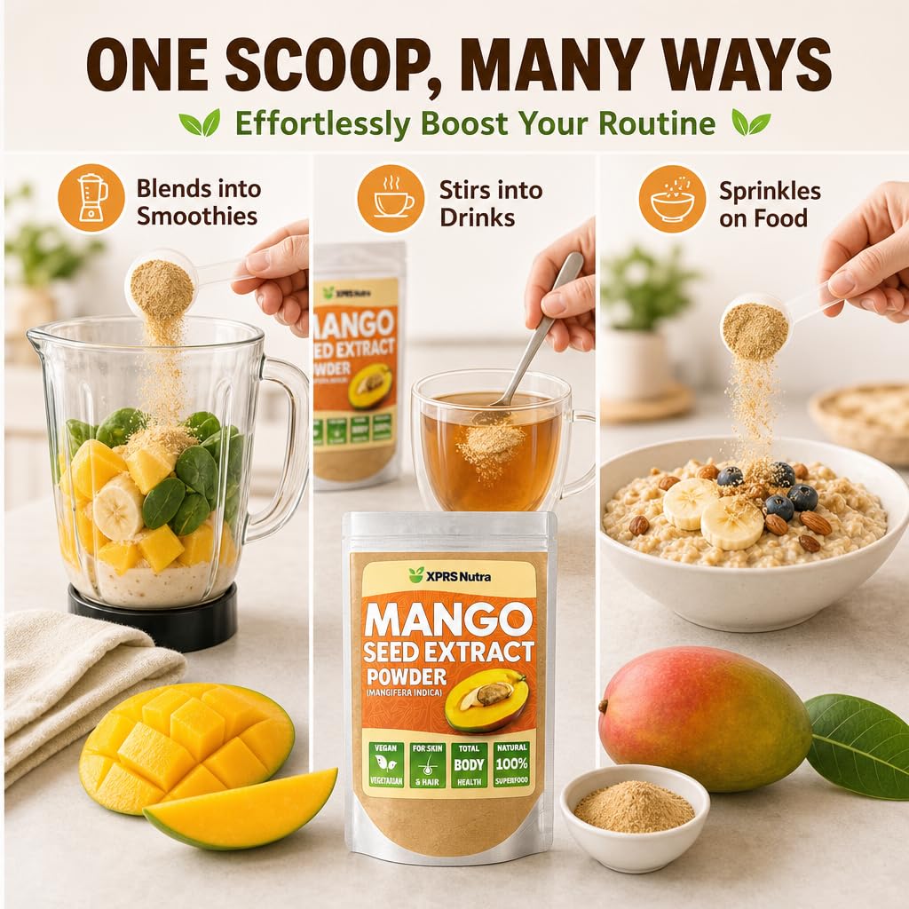 Poudre d'extrait de graine de mangue XPRS Nutra en utilisation dans un smoothie