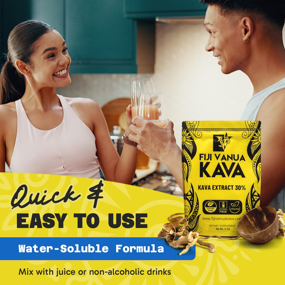Poudre d'extrait de kava Fiji Vanua Kava 30% kavalactones, vue de côté