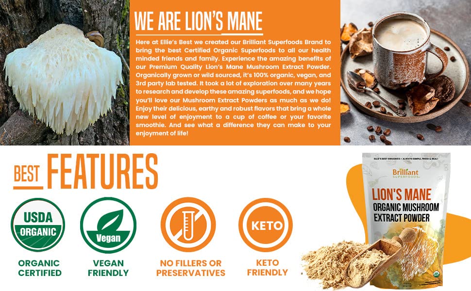Poudre d'extrait de Lion's Mane Ellie's Best sur une table en bois