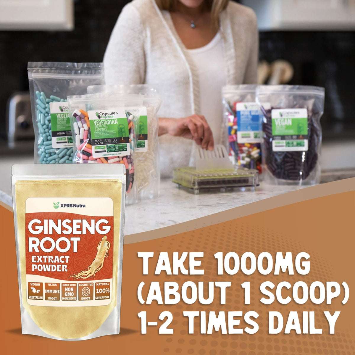 Poudre d'extrait de racine de ginseng XPRS Nutra en utilisation dans un smoothie