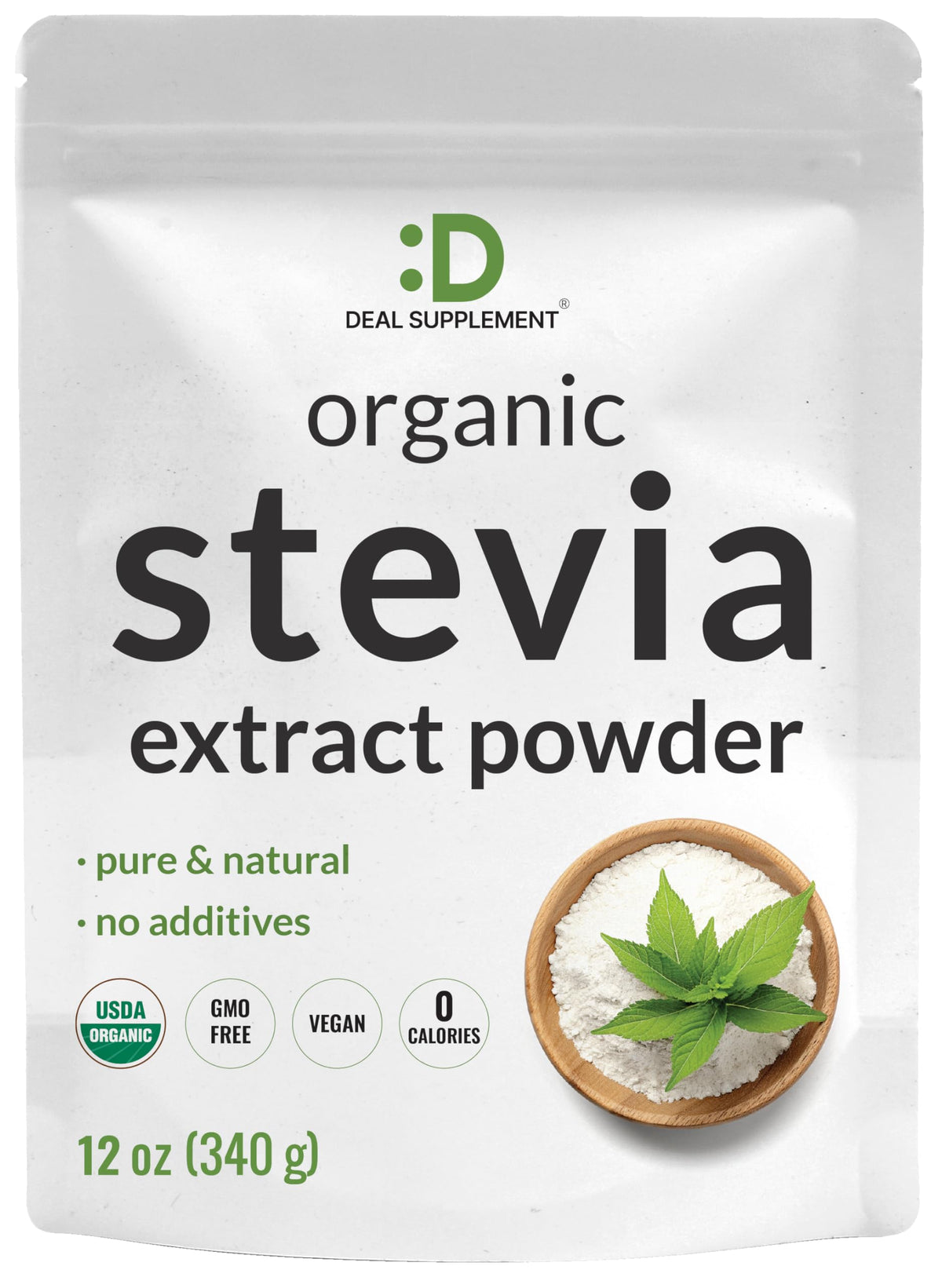 Poudre d'extrait de stévia bio DEAL SUPPLEMENT 340g vue avant
