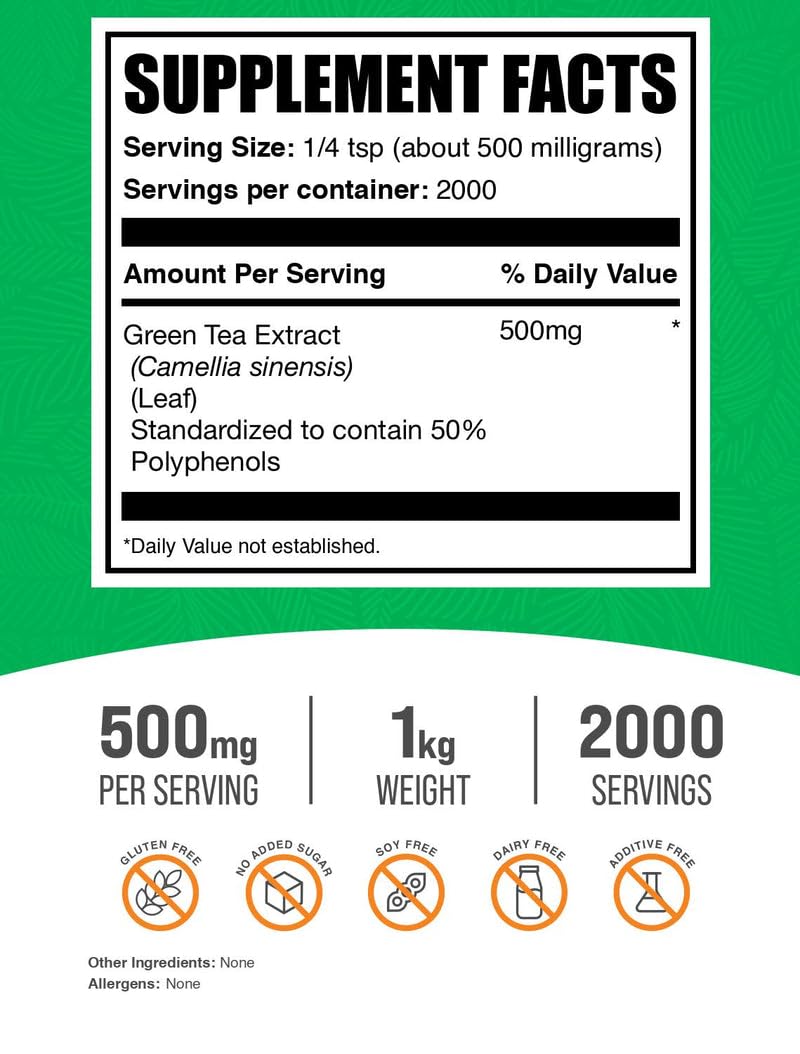 Poudre d'extrait de thé vert BulkSupplements 500mg portion