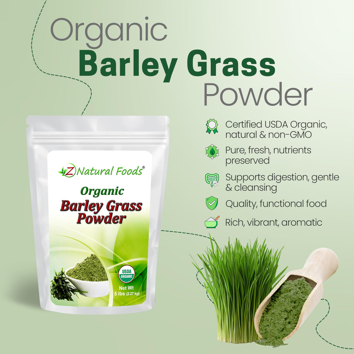 Poudre d'herbe d'orge bio Z Natural Foods dans un bol