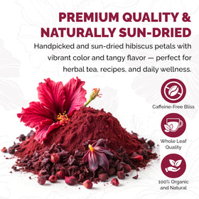 Poudre d'hibiscus 150g sur une table avec des fleurs d'hibiscus