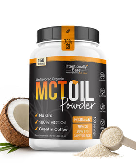 Poudre d'huile MCT Intentionally Bare 1501g devant un fond blanc