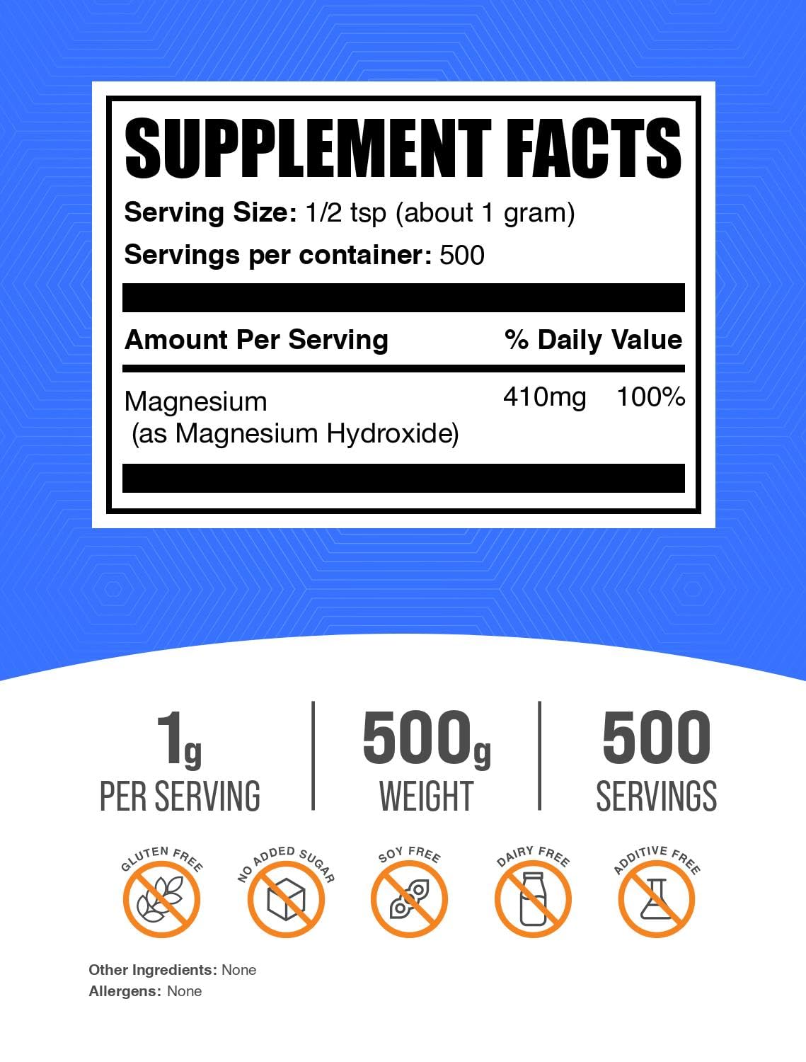 Poudre d'hydroxyde de magnésium BulkSupplements 500g avec cuillère