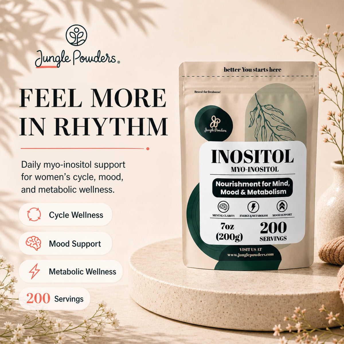 Poudre d'inositol Jungle Powders dans un verre d'eau