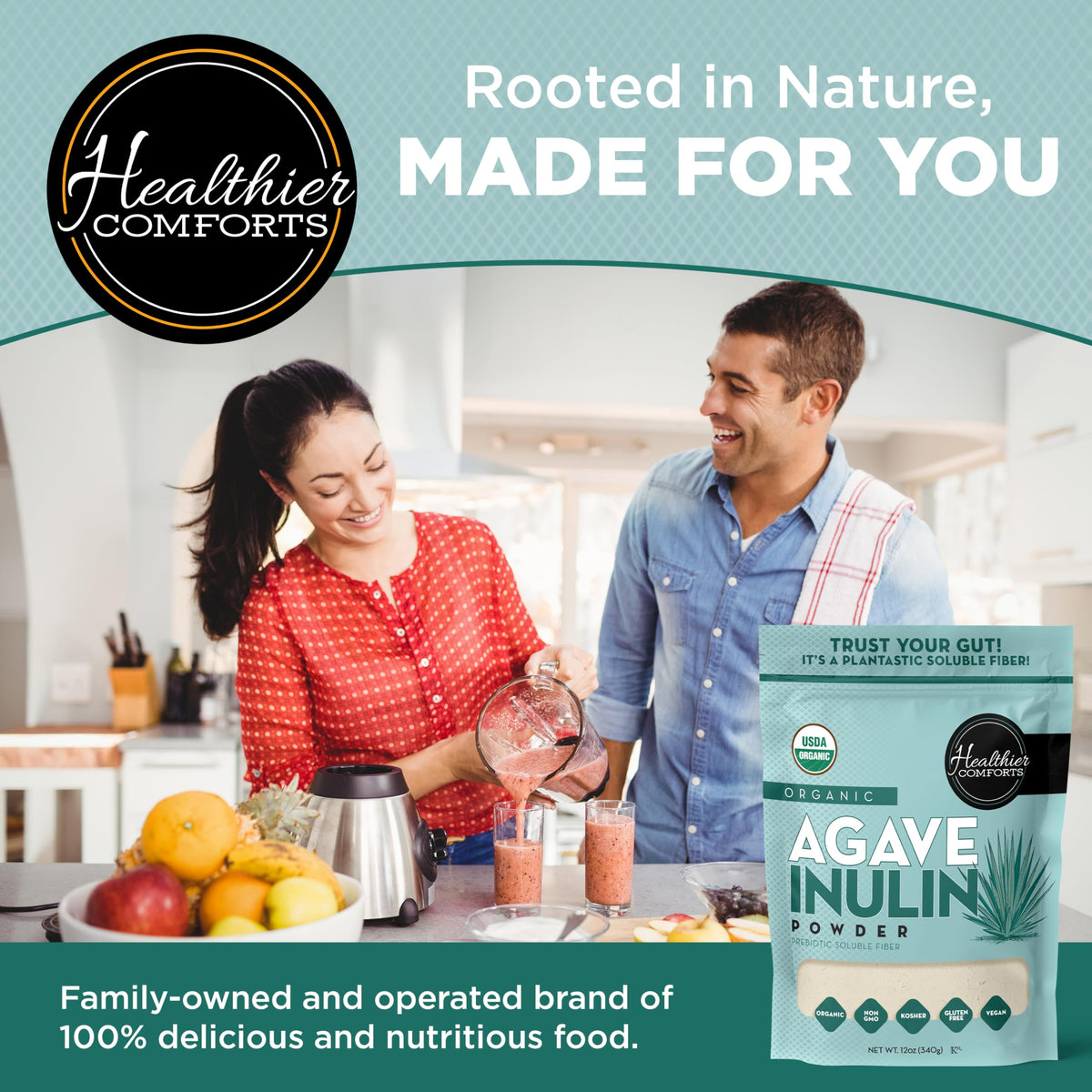 Poudre d'inuline bio Healthier Comforts dans un smoothie