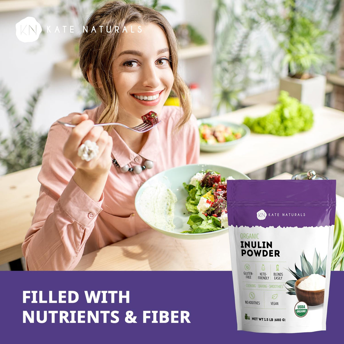 Poudre d'inuline bio Kate Naturals utilisée dans un smoothie