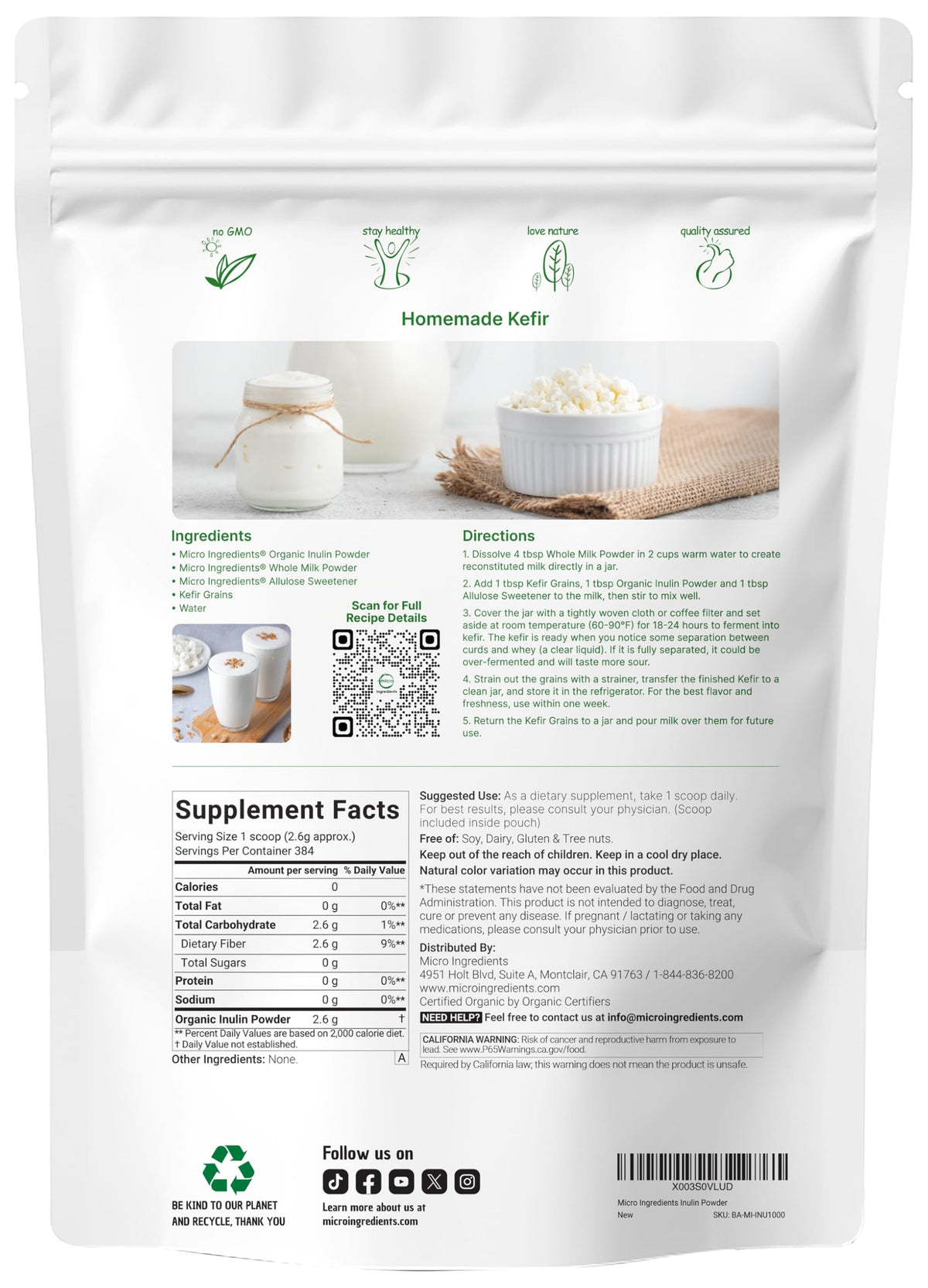 Poudre d'inuline Micro Ingredients avec cuillère incluse