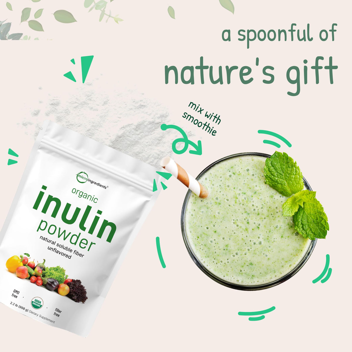 Poudre d'inuline Micro Ingredients dans un verre de smoothie