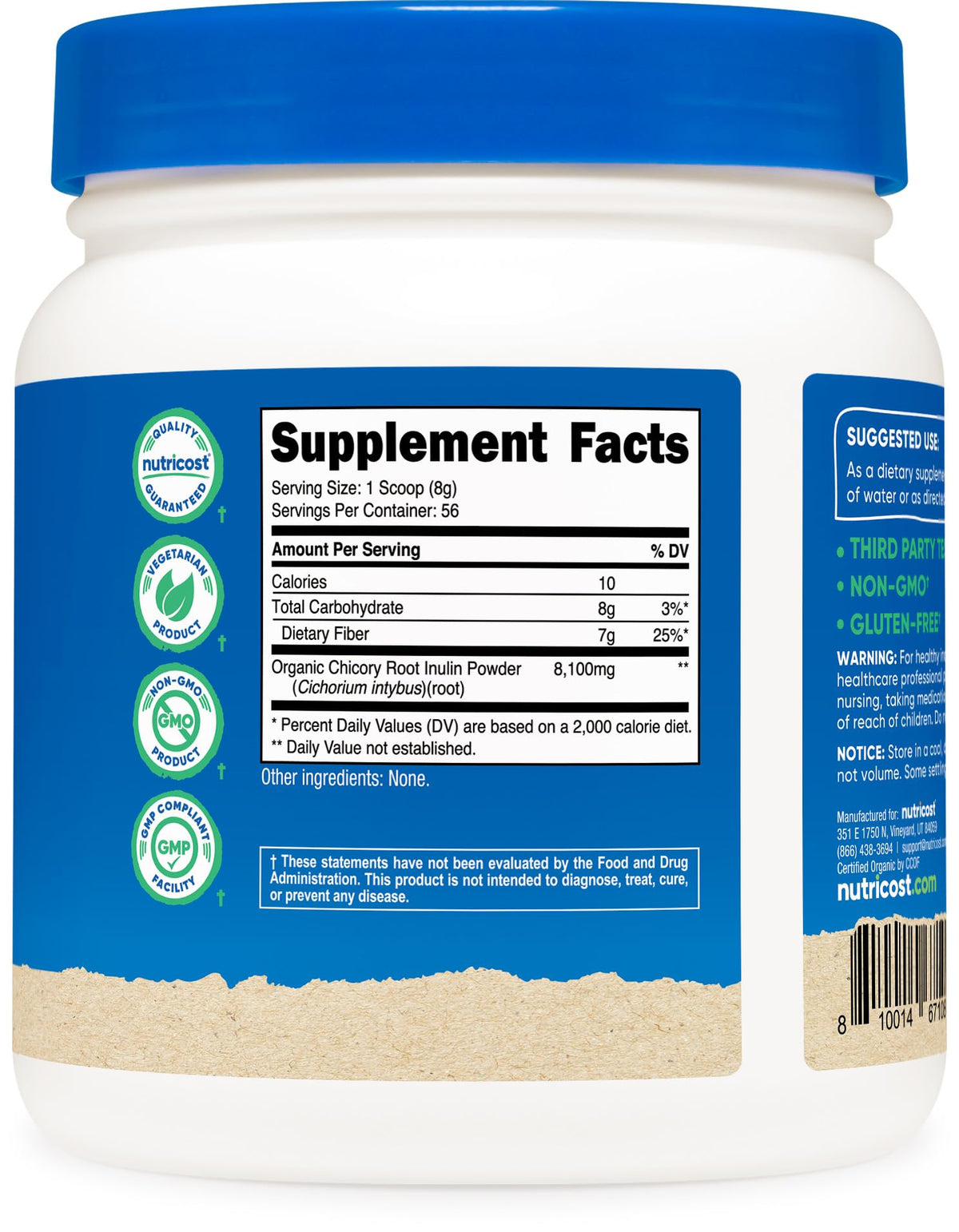 Poudre d'Inuline Nutricost 454g sur une table de cuisine