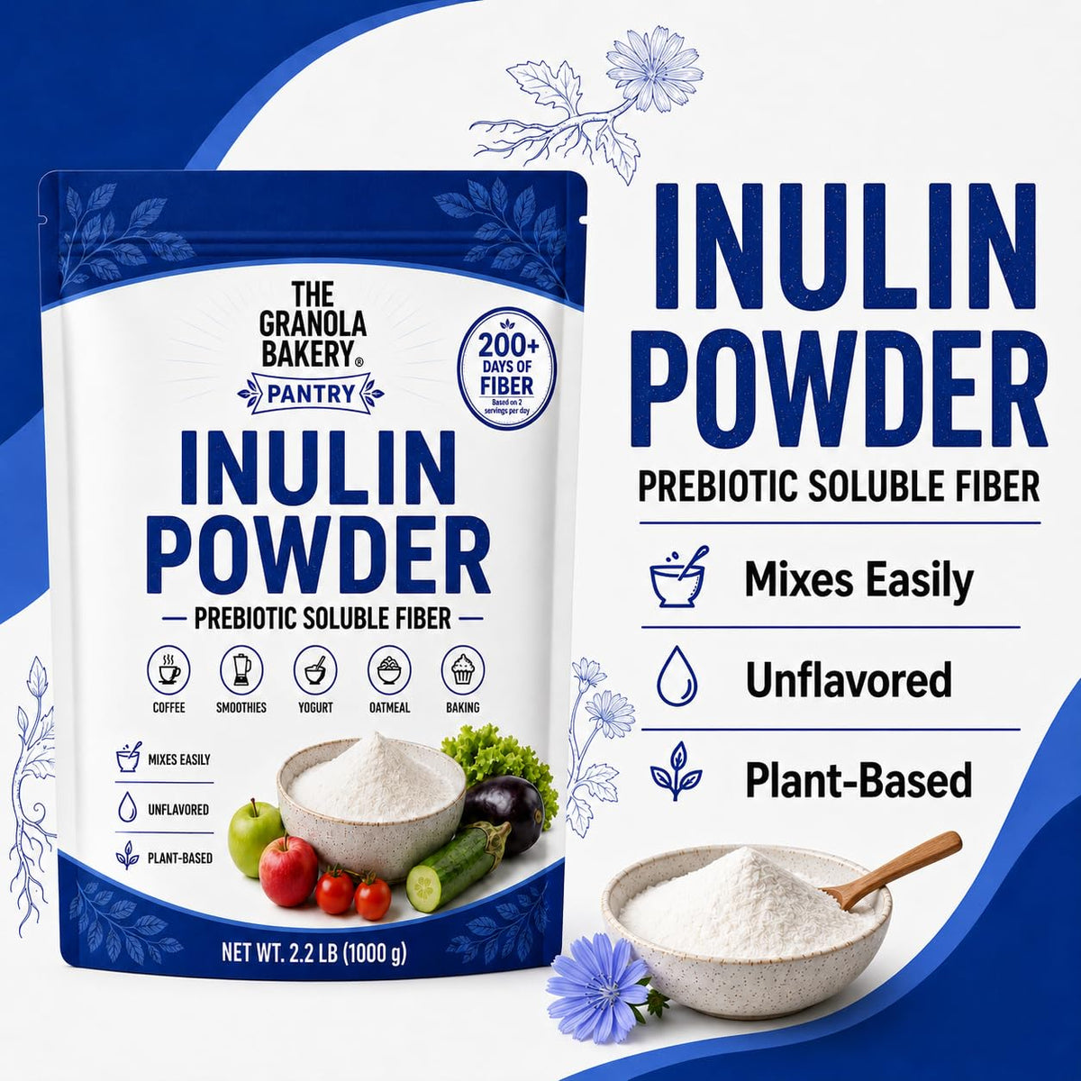 Poudre d'inuline YOLEEZ ajoutée dans un smoothie avec des fruits