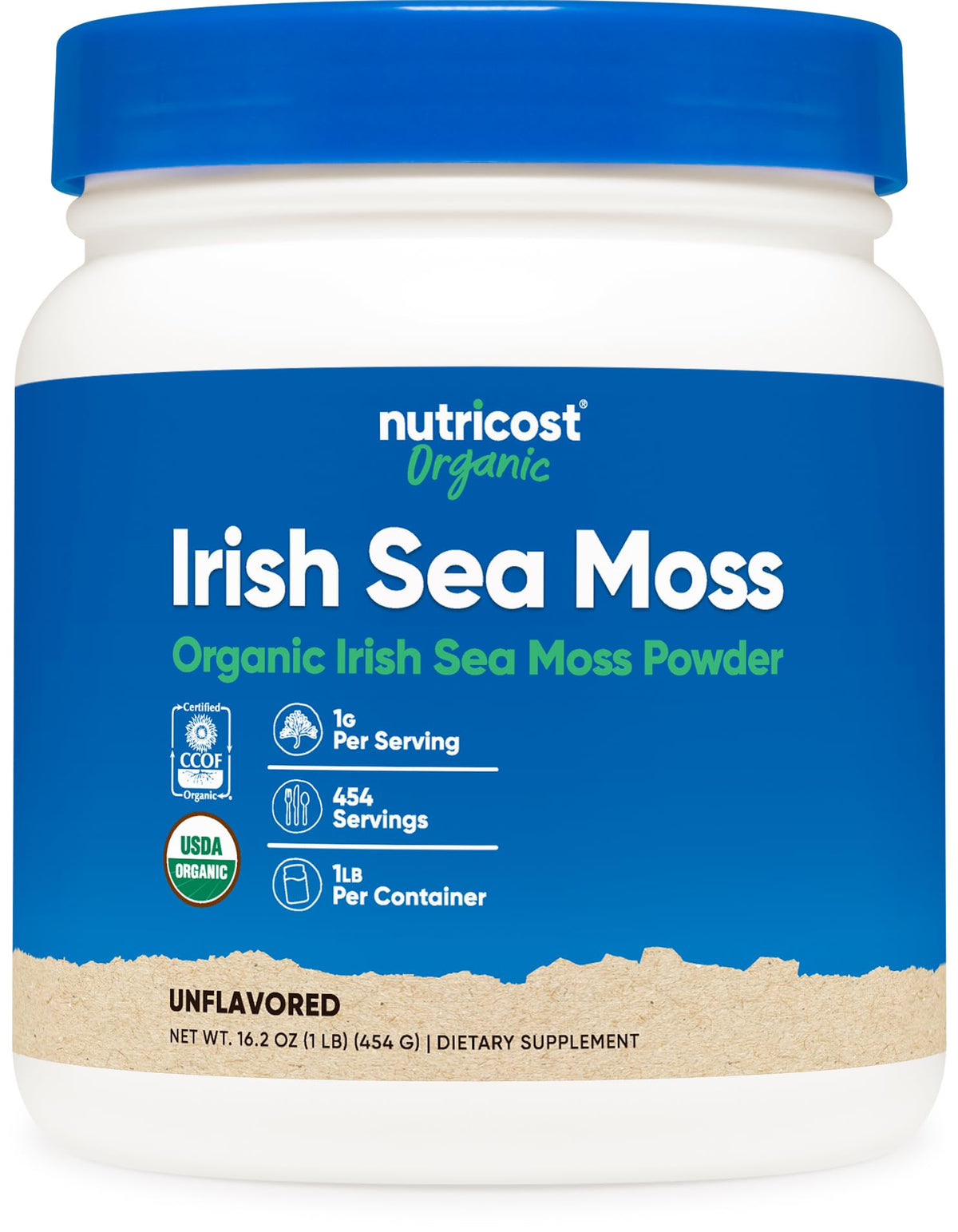 Poudre d'Irish Moss bio Nutricost 581g, vue avant avec emballage