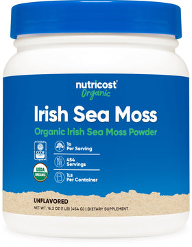 Poudre d'Irish Moss bio Nutricost 581g, vue avant avec emballage