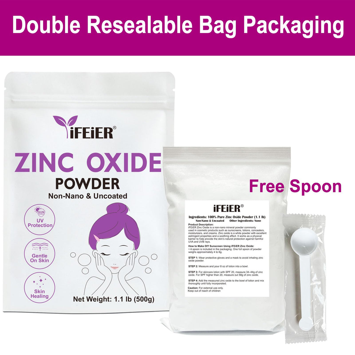 Poudre d'oxyde de zinc iFEiER 500g avec accessoires de soin