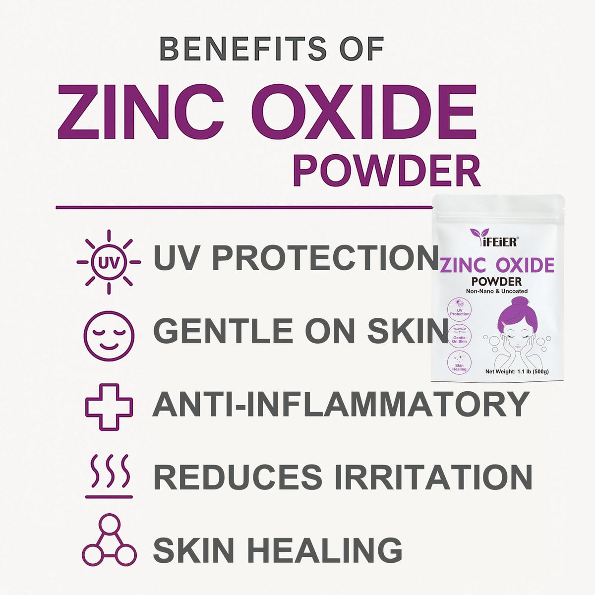 Poudre d'oxyde de zinc iFEiER 500g en utilisation dans un déodorant