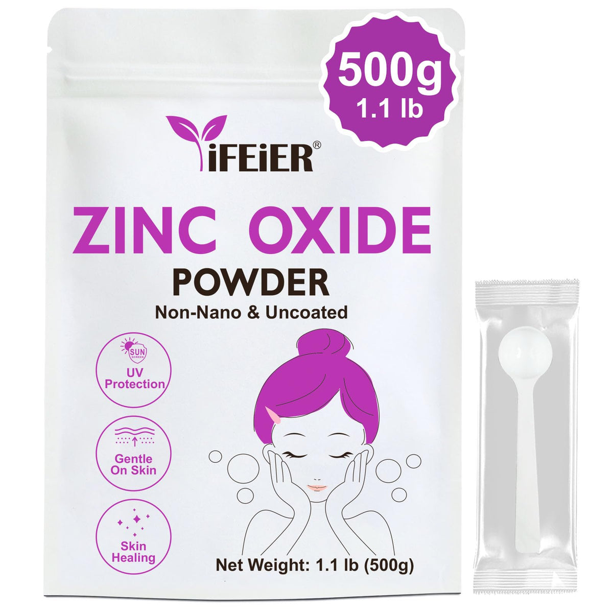 Poudre d'oxyde de zinc iFEiER 500g vue de face dans son emballage